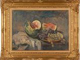 tableau représentant une nature morte composée de fruits et de raisins posés sur une table
