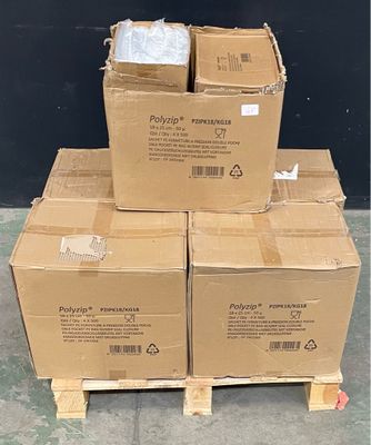 several cardboard boxes stacked on top of each other on a pallet