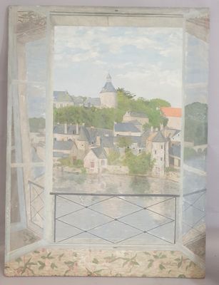 un tableau représentant une vue d'une ville depuis une fenêtre