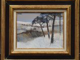 une peinture à l'huile représentant un paysage enneigé avec des arbres et une clôture
