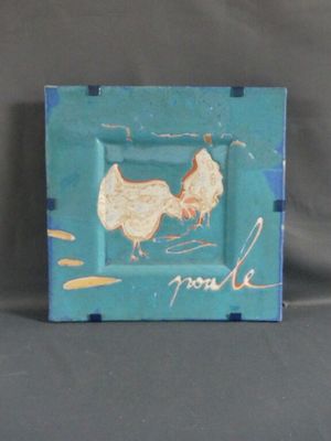 "La Poule" - Grand plat carré en grès carré émaillé bleu tit…