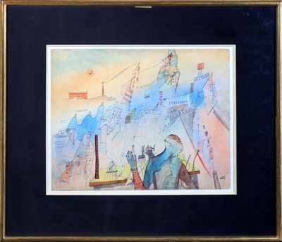 une image représentant une aquarelle d'un homme et d'une femme devant un château