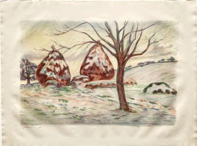 une photo d'un tableau représentant du foin dans la neige