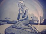 painting of a woman sitting on a rock in front of a body of water