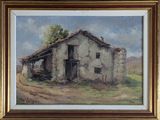 une peinture à l'huile représentant une grange dans un champ, avec un chemin de terre
