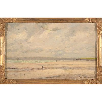 un tableau représentant une personne marchant sur une plage au bord de la mer