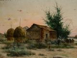 a painting of a farm scene with hay bales in the foreground