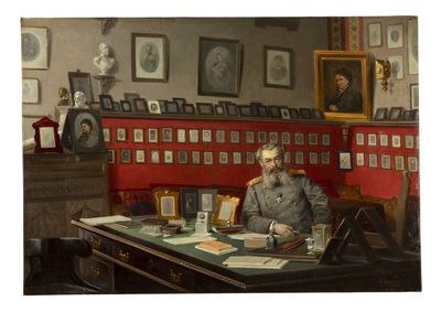 un tableau représentant un homme assis à un bureau dans une pièce