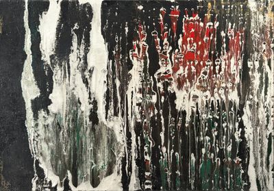 painting of a black and white painting with red and green paint
