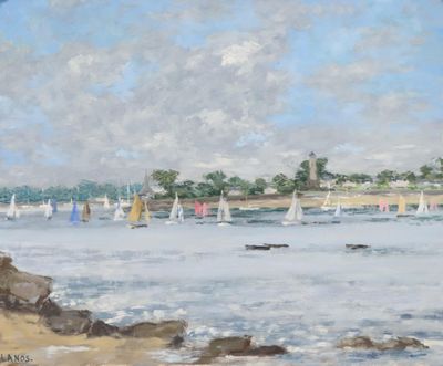 peinture représentant des voiliers sur l'eau, près d'une côte rocheuse