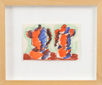 painting of two orange and blue vases in a wooden frame