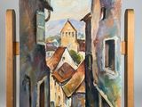 an oil painting of a narrow street with a church in the background