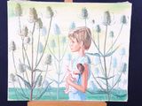 un tableau représentant une femme tenant un bébé, posé sur un chevalet