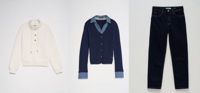 three pairs of jeans and a cardigan sweater are displayed on a white background