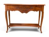 an image of a wooden table with a shelf underneath it