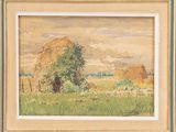 an image of a painting of a field with hay stacks in the background