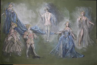 un tableau représentant un groupe de personnes en costumes