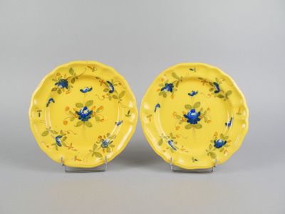 pair of yellow plates with blue flowers and leaves on them