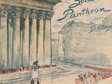 a drawing of a building with a crowd of people in front of it