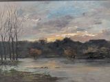 un tableau accroché au mur d'une pièce où se trouve un tableau représentant une rivière