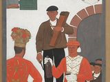 a painting of a man holding a bottle of beer in front of a group of people