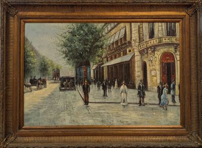 une peinture à l'huile d'une scène de rue avec une voiture à cheval