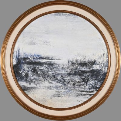 an oil painting of a landscape in a gold frame on a gray wall