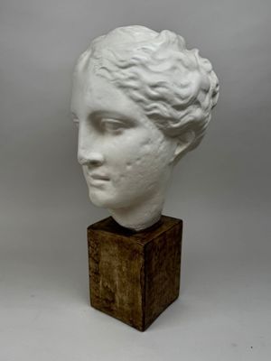 tête de femme en marbre blanc posée sur un socle en bois