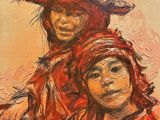 une peinture à l'huile représentant deux femmes coiffées de chapeaux