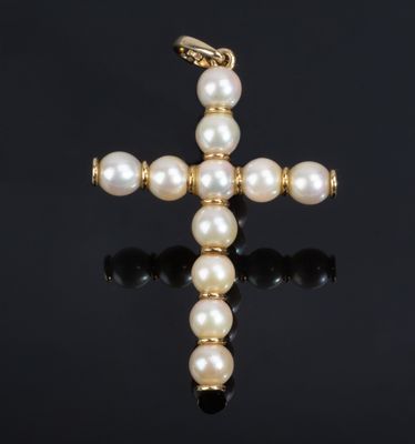 Pendentif en forme de croix en or jaune 14 carats et perles …