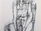 un dessin en noir et blanc représentant un homme assis sur une chaise