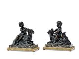pair of antique bronze figurines of a boy and a dog