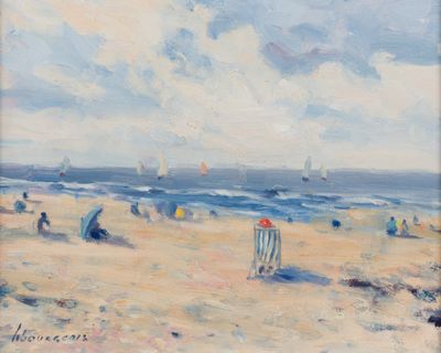 une peinture représentant une scène de plage avec des gens sur le sable
