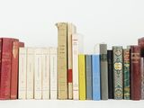 many books lined up in a row on a white surface