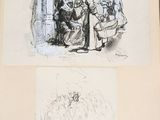 two drawings of a man and a woman sitting on a bench