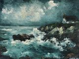 une peinture à l'huile représentant un phare situé sur une côte rocheuse, avec des vagues qui viennent s'écraser devant lui