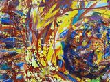 abstract painting of a yellow and blue sphere with red and blue swirls