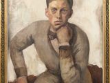 une peinture à l'huile représentant un homme assis sur une chaise, la main posée sur le menton