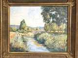 une peinture à l'huile représentant une rivière avec un pont au loin