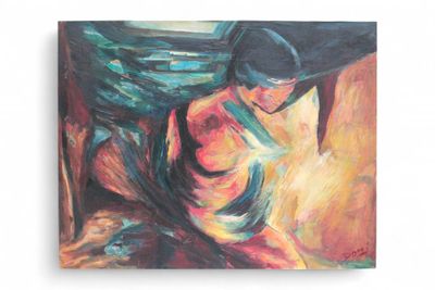 peinture abstraite représentant une femme coiffée d'un chapeau et vêtue d'une robe, assise sur une chaise