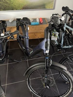 Plusieurs vélos sont alignés dans une pièce où est accrochée une peinture au mur.