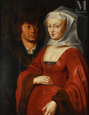 a painting of a woman in a red dress and a man in a black suit