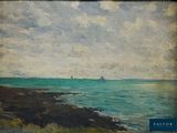 tableau représentant une vue sur l'océan avec un voilier au loin