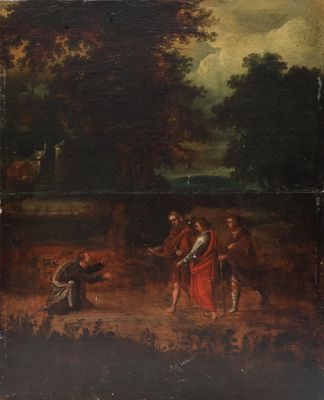 un vieux tableau représentant un groupe de personnes dans un environnement boisé