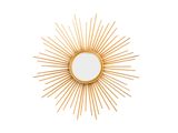 a close up of a gold sunburst mirror on a white wall