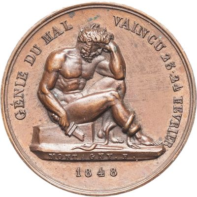 une image représentant une pièce de bronze sur laquelle figure un homme assis sur un banc