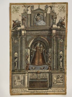 an old drawing of a church with a bell in the center