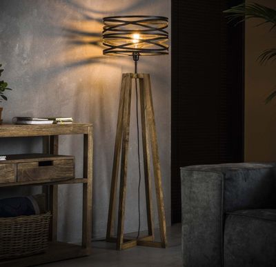 Lampadaire avec abat-jour en métal et piètement bois - AMP D…