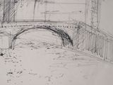 drawing of a bridge over a body of water with a building in the background