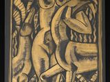 tableau représentant une femme et deux cerfs dans une forêt